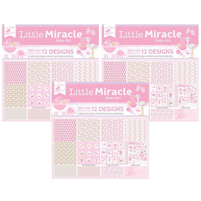Pack of 3 - Little Miracle Cardstock Pack 12"X12" 12/Pkg-Baby Girl